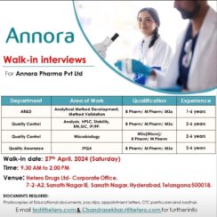 Annora Pharma Pvt Ltd Walk-In Interviews on 27th Apr’ 2024