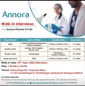 Annora Pharma Pvt Ltd Walk-In Interviews on 27th Apr’ 2024