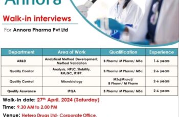 Annora Pharma Pvt Ltd Walk-In Interviews on 27th Apr’ 2024