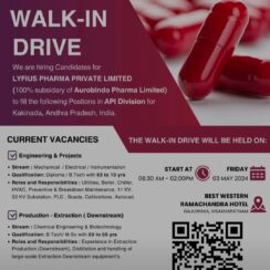 Lyfius Pharma Private Limited – Walk-In Interviews for Engineering/Production on 03 May 2024