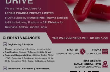 Lyfius Pharma Private Limited – Walk-In Interviews for Engineering/Production on 03 May 2024