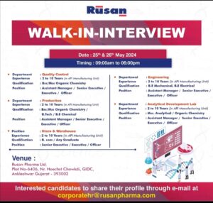 Rusan Pharma - Walk-In Interview for QC / Production / Store & Warehouse at Gujarat 25 to 26 May 2024