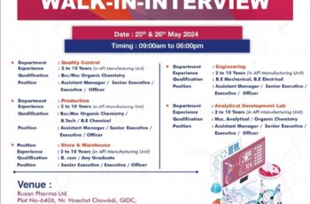 Rusan Pharma – Walk-In Interview for QC / Production / Store & Warehouse at Gujarat 25 to 26 May 2024