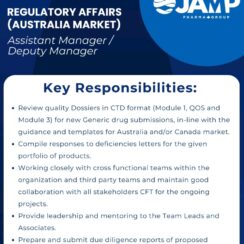 Jamp pharma for Assistant Manager / Deputy Manager, Regulatory Affairs (Australia Market) at Ahmedabad