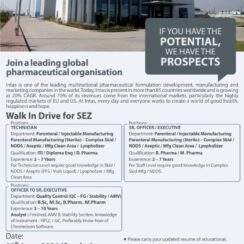 Walk-In Drive for SEZ Intas Pharmaceuticals at AHMEDABAD 09 JUNE 2024