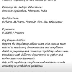 Requirement for freshers as regulatory affairs Regulatory Affairs Trainee (Freshers) Dr. Reddy’s