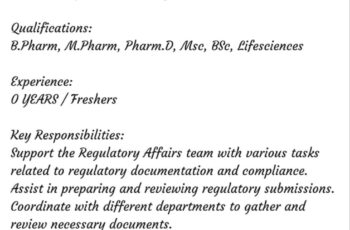 Requirement for freshers as regulatory affairs Regulatory Affairs Trainee (Freshers) Dr. Reddy’s