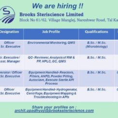 Hiring at Brooks Steriscience Limited as QC, Production in Vadodara