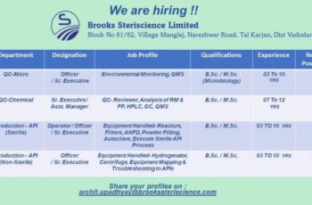 Hiring at Brooks Steriscience Limited as QC, Production in Vadodara