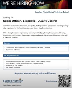 HIRING at Sudeep Nutrition as Senior Officer / Executive - Quality Control, Vadodara, Gujarat