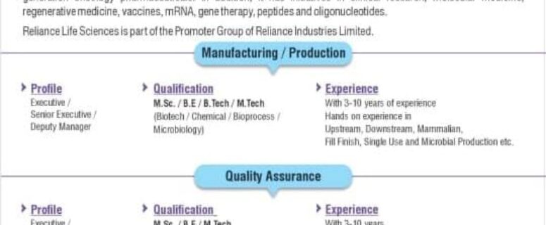 HIRING! at Reliance Life Sciences Vaccines R&D Nashik and Navi Mumbai