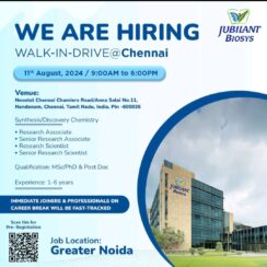 WALK-IN-DRIVE at JUBILANT BIOSYS as Research Associate