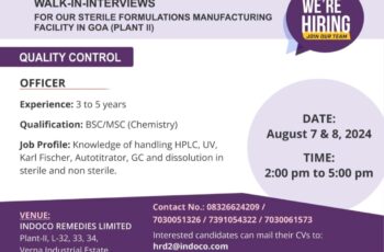 WALK-IN-INTERVIEWS FOR OUR STERILE FORMULATIONS MANUFACTURING FACILITY IN GOA