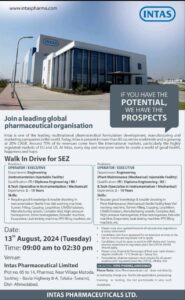 INTAS Pharmaceuticals - Walk-In Interviews on 13th August 2024 for Maintenance / Mechanical / OPERATOR